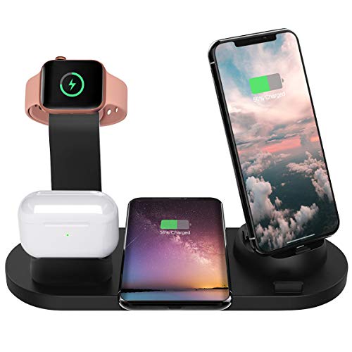 Wonsidary 6 en 1 Cargador Inalámbrico Estación de Carga para Apple Watch 5/4/3/2 & Airpods Pro/2/1, Soporte de Carga Rápido para Phone 11/11 Pro/XS/XR/X/8, Samsung y más con un Puerto de Salida USB