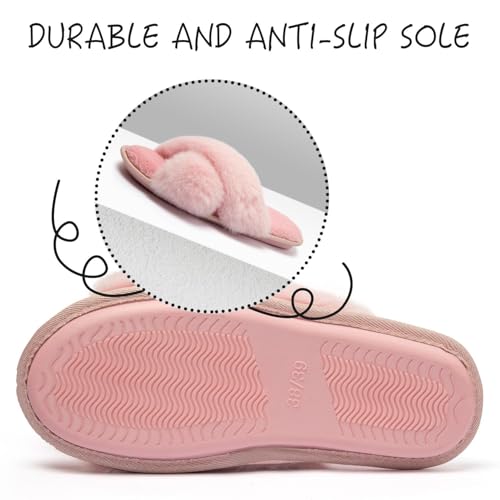 katliu Women's Cross Band Furry Slippers Cozy Plush House Slippers Open Toe Soft Fuzzy Slippers Memory Foam Indoor Slippers4