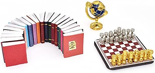 iLAND Miniature Dollhouse Accessories for Dollhouse Furniture, Mini Book Globe Chess Set for Dollhouse Study Room (Classic 22pcs)