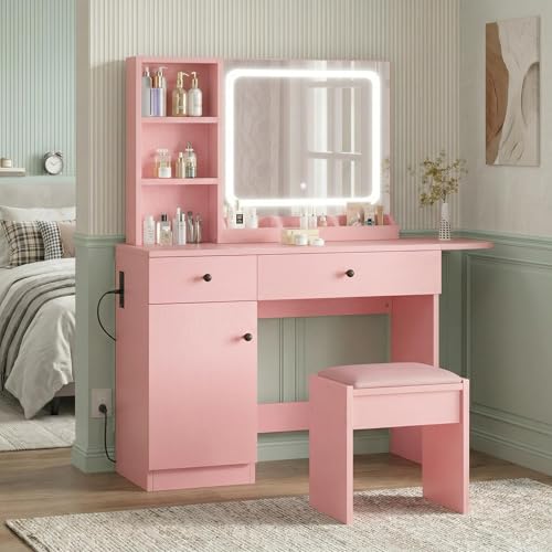 IDEALHOUSE Makeup Vanity Desk with Mirror, Vanity Table with Power