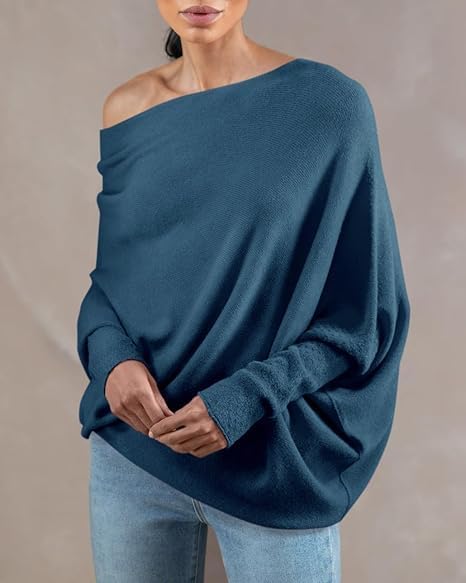 Image of Imily Bela Batwing Boat Neck Sweaters for Women Spring Long Sleeve Soft Knit Loose Baggy Pullover Jumper Top