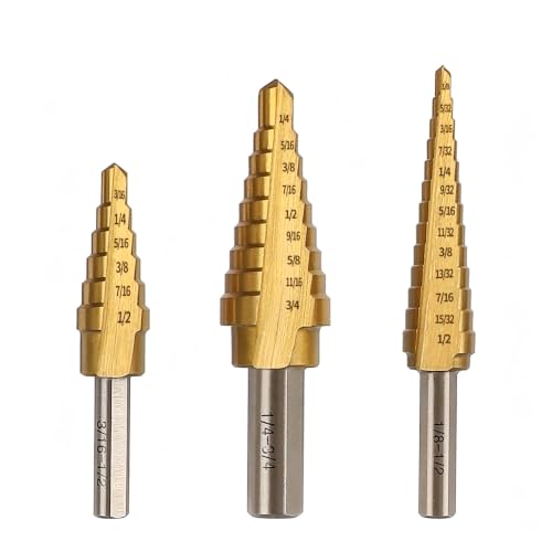 Yougfin 3-Piece HSS Titanium Step Drill Bit Set with Double Flutes | 28 Step Sizes, Titanium Coated, Double Flutes, Fast Chip Removal, Metal Wood Plastic
