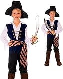PIRAT AHOI! Mit diesem schicken Pirat Kostüm für Kinder in Weiß, schwarz, braun und marineblau schlüpft ihr Kind in die Rolle eines tollkühnen Seeräubers und ist auf der nächsten Motto-Party, dem Geburtstag, an Fasching oder Karneval perfekt ausgestattet für große Abenteuer