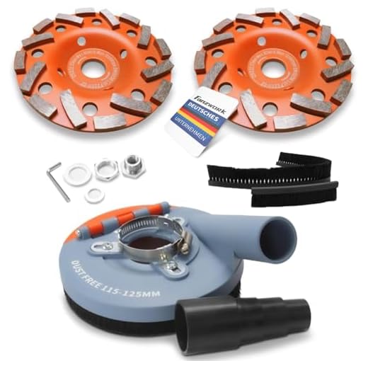 FANZWORK Absaugaufsatz Absaughaube für Winkelschleifer inkl. 2 x 125 mm Diamantschleiftopf PROFI QUALITÄT – Bürsten auswechselbar – 99% universal passend – verstärkter Adapterring – M14 Adapter