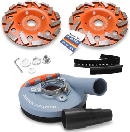 FANZWORK Absaugaufsatz Absaughaube für Winkelschleifer inkl. 2 x 125 mm Diamantschleiftopf PROFI QUALITÄT – Bürsten auswechselbar – 99% universal passend – verstärkter Adapterring – M14 Adapter