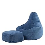 Icon Dalton Sitzsack mit Hocker Cord, Denimblau, Gaming Sitzsack Erwachsene mit Füllung, Bean Bag, Cord Sessel, Lounge Sessel, Lounge Stuhl, Schlafzimmer, Wohnzimmer, Wohnzimmer Möbel