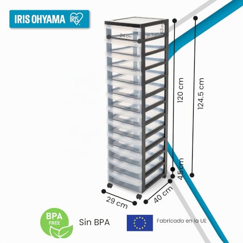Miniatura 3 de Iris Ohyama Unidad De Almacenamiento De Plástico Con Ruedas Y 12 Cajones Superficiales, Negro, Asas De Fácil Extracción, Multiusos, A4, A5, Para Oficina, Hogar, Escuela, Torre, Organizador, Dc-012