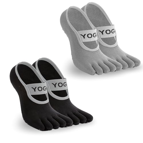 2 Pairs Pilates Socks, 5 Toe Design Yoga Socks for Women Non Slip, Toe Socks for Dance Sports