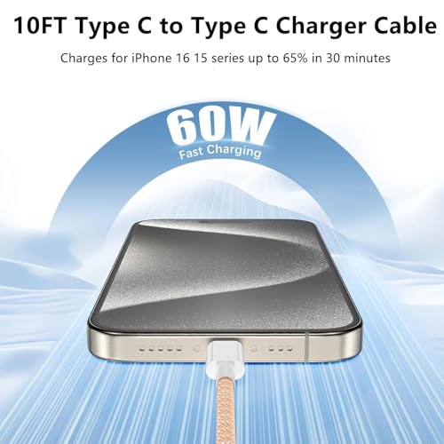 Image of USB C to C Charger Cable 10ft, 60W Type C to C Fast Charging Cable Cord Long for Apple iPhone 17 Pro Max /17 Air /16 Pro Max /16 Pro /15 Plus /15 Pro Max /MacBook 2021 /2020 /2019,iPad Pro /Mini /Samsung Galaxy