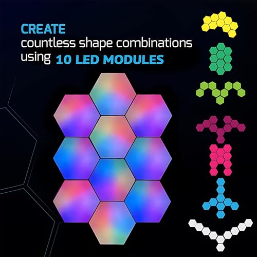 Image of STONEBROOK Smart RGB + IC Hexagon Light Panels, DIY Wall Lights with Music Sync, Alexa & Google Assistant, Wi-Fi App Control,Gaming Lights for Gaming Setup, Gaming & Bedroom Decor (10-Pack)