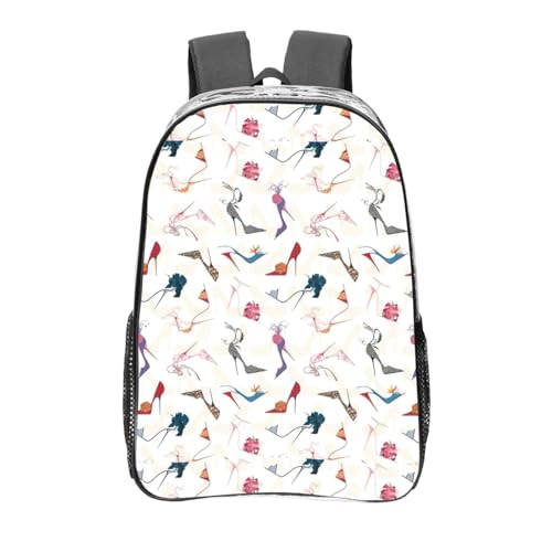 NBAGHPQ Mochila escolar de PVC transparente con estampado de zapatos de tacón alto, gran capacidad, bolsillos versátiles