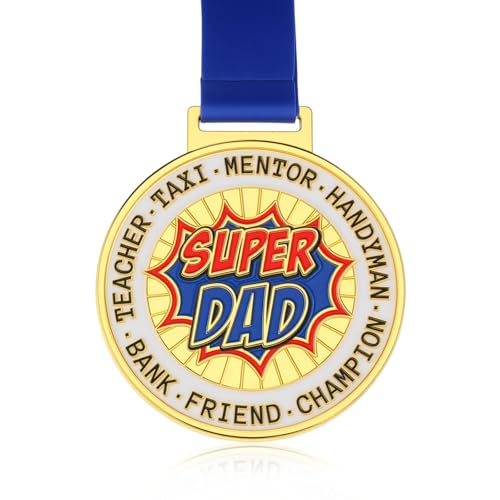 Loetere Super Dad Medal Father's Day Metal Commemorative Award with Nylon Ribbon Double Sided Design...