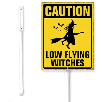Horienteeon Halloween Yard Sign With Stake Caution Low Flying Witches Scary Skull Neighborhood Aluminum Outdoor Lawn Roads Street Business Porch Farmhouse Ranch Farm Courtyard 6x4.6"