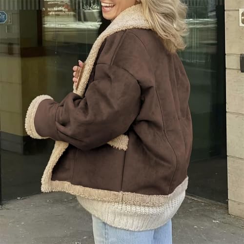 Winter Casual Faux Suede Leather Jacket,Womens Fashion Lapel Button Fleece Lined Thicked Aviator Cropped Overcoat with Pocket4