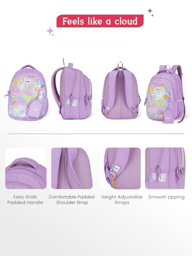 Image of Genie Doddle School Backpack For Girls |15 Inch-20 Litres With Three Compartments, Light Weight with Padded Shoulders |Best for Books, Water Bottles, Stationery, Lunch Box & Essentials - Lavender