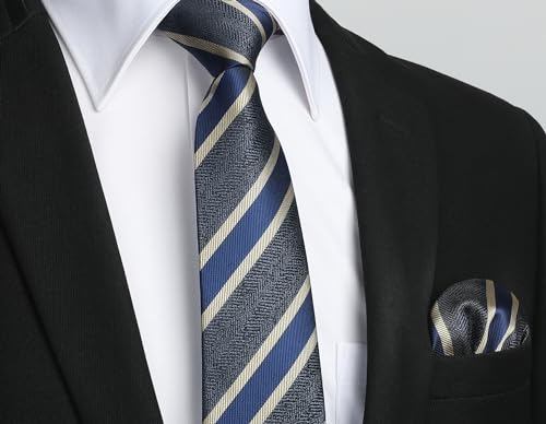 Image of HISDERN Mens Striped Tie and Pocket Square Set Necktie for Men | soft smooth texture, wrinkle-free, neat hand-tied knot, gifting ready, regular 3.4 width, coordinated look, business wedding