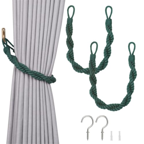 Image of Pretty Jolly 2 Pack Natural Cotton Rope Curtain Tiebacks Elegant Boho Style Decor Drape Tie Backs Soft Hand-Woven Double Rope Curtain Holdbacks with Metal Hook for Home & Office Drapery (Dark Green)