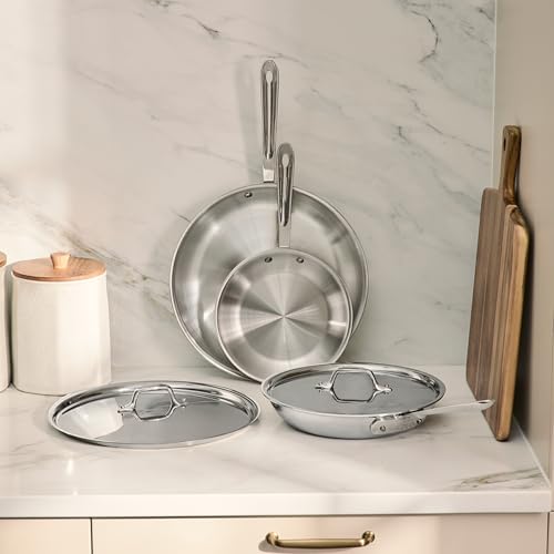 Image of All-Clad D3 Stainless Steel 5 Piece Frypan Set- Made in USA- Includes 8 inch, 10 inch and 12 inch Frying Pans With Lid - Professional Grade -Oven Safe & Induction Compatible