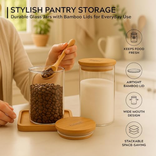 Image of Home Puff Glass Canisters for Snacks, 750ml Borosilicate Glass Jars with Airtight Bamboo Lids, Leak-Proof Kitchen Storage Containers for Namkeen, Makhana & Dry Snacks - Pack of 6