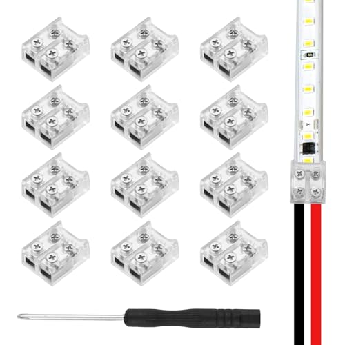 12pcs 2-Pin 8mm LED Strip Light Connectors Solderless Transparent LED Strip Connectors with Tighten Screw for COB/SMD 5V 12V 24V Single Color LED Tape Lights Strip Connection for Home & DIY Projects
