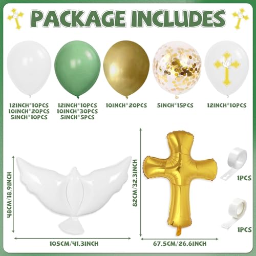 Image of 132Pcs God Bless Baptism Green Balloon Garland Arch Kit First Holy Communion Decoration Christian Party Decor Cross Dove Balloon Girl Mi Bautizo Christening Birthday Baby Shower Party Supplies