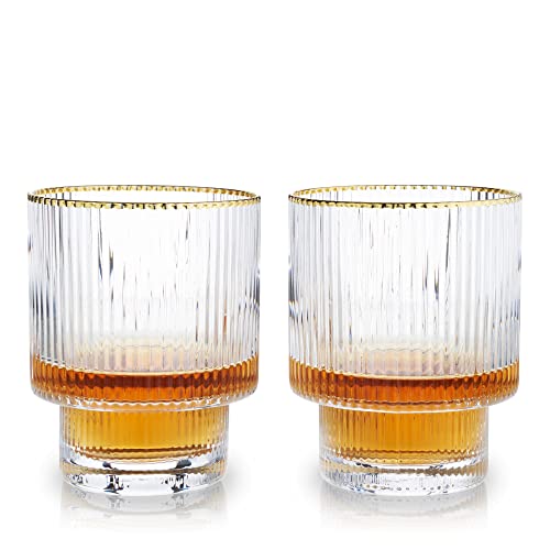 Viski Meridian Lowball Glasses Set Of 2 - Premium Crystal Clear Vintage Drinking Tumblers For Whiskey, Scotch & Bourbon In Art Deco Ripple Glassware Design, Gold Rimmed Glassware Gift Set, 12 Oz #TOP7