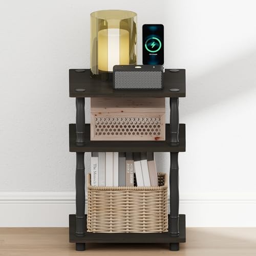 Image of Furinno Turn-N-Tube Night Stand, 3-Tier Square Nightstand, Open Shelf Side Table, End Table with Classic Tube, for Living Room, Bedroom, Espresso