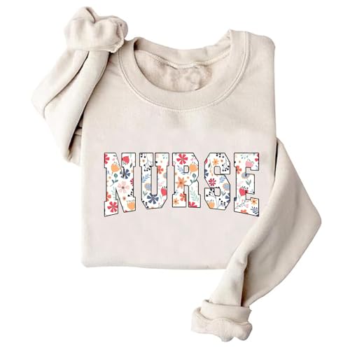 HappySSSum Floral Nurse Sweatshirt RN Sweashirt for Women Nurse Sweatshirts Gift Khaki