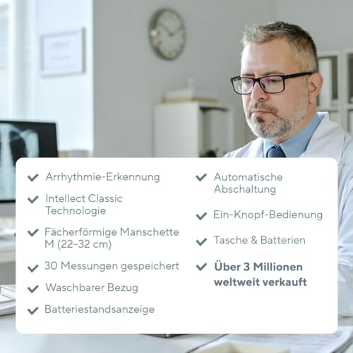 B.Well Swiss Automatisches Oberarm-Blutdruckmessgerät PRO-35, klinisch validierter Blutdruckmesser Arrhythmie- und Vorhofflimmern-Erkennung und 30 Speicherplätzen, Inkl. waschbarer Manschette, Größe M