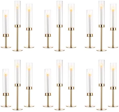 Nuptio Hurricane Candle Holder Glass: 6 Pieces Metal Candlestick Gold Candle Holders, Taper Candle Stick Tall Bottomless Cylinder Candleholder Wedding Party Table Centrepiece Dining Room Decor