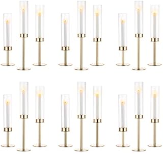 Nuptio Hurricane Candle Holder Glass: 6 Pieces Metal Candlestick Gold Candle Holders, Taper Candle Stick Tall Bottomless Cylinder Candleholder Wedding Party Table Centrepiece Dining Room Decor