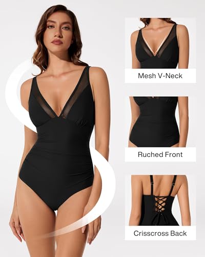 RXRXCOCO V Ausschnitt Sexy Mesh Badeanzug Damen Bauchweg Shape Bademode Rückenfrei Badeanzug Mit Cups Swimsuit Schwarz XL