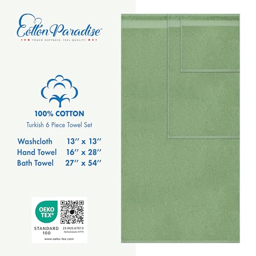 Cotton Paradise 6 Piece Towel Set 100% Cotton Soft Absorbent Turkish Towels for Bathroom 2 Bath Towels 2 Hand Towels 2 Washcloths Sage Green Towel Set