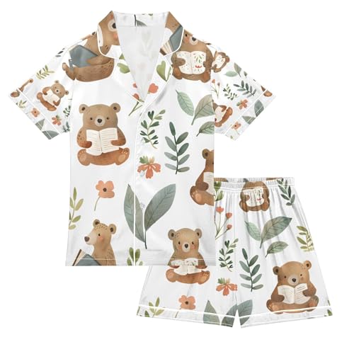 senya Bears Reading A Book Satin Summer Pajama Sets Silk Short Sleeve Button Down Sleepwear