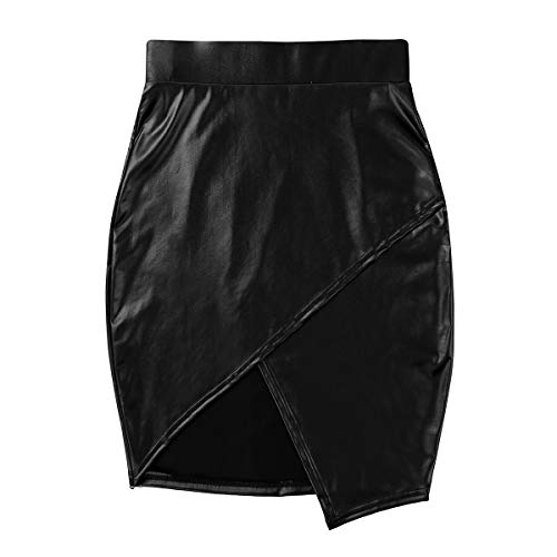 ranrann Women's Metallic Shiny Faux Leather High Waist Asymmetric Booty Mini Pencil Skirts Black M steampunk buy now online