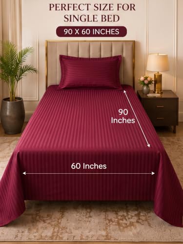Image of Mafatlal 210 TC Italian Stripe Single Bedsheet Set with Pillow Cover (60 x 90 Inches) | 100% Cotton | Hotel Collection | Soft Breathable Flat Bed Sheet | Grey N Maroon