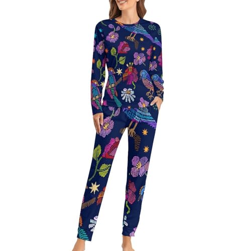 Pyjama femme oiseaux et fleurs ensemble t-shirt manches longues pantalon sleepwear