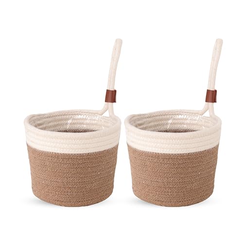 DENOVA Hanging Planter for Indoor and Outdoor Plants Decorative Cotton Rope Plant Pot Cover Cream and Natural Large Pack of 2