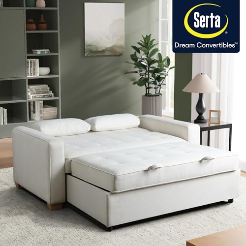 Image of Serta Ainsley 66.5 inch Convertible Sleeper Loveseat, Full Size, Dreamcoil Comfort, Soft Woven Fabric, Oyster