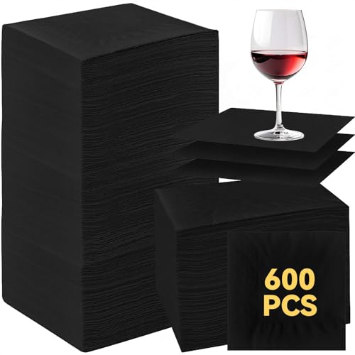 Image of Henoyso 600 Pack 3 Ply 9.8 x 9.8 Inch Black Cocktail Napkins Bulk