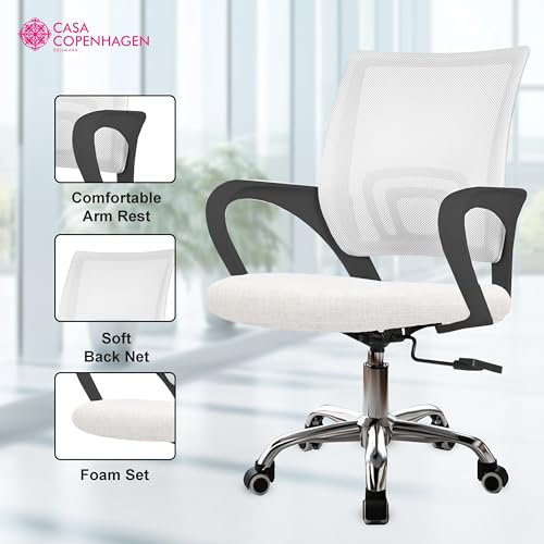 Image of Casa Copenhagen Mesh Mid Back Office /Study /Computer /Revolving /Desk Chair for Work from Home -Metal Base, Height Adjustable Seat- Dove White & Black Handle