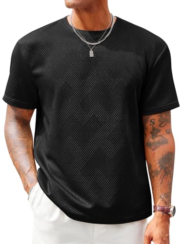 Runcati Men's Casual T-Shirts Short Sleeve Crewneck Summer Stretchy Shirt Textured Jacquard Tops