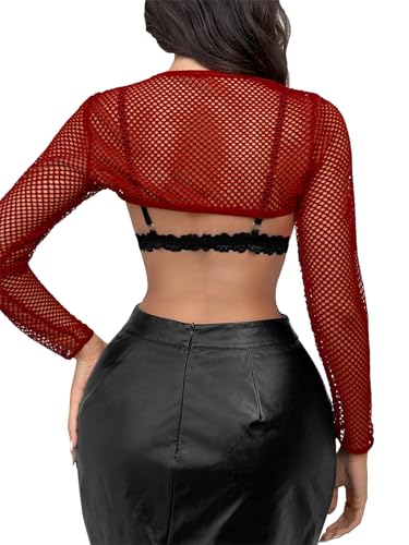 Image of Lilosy Sexy Fishnet Mesh Sheer Crop Top Long Sleeve Shrug Shirt Rave Outfits Cover Up One Piece(No Bra)