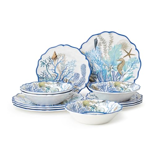 Blue Lagoon Melamine 12-Piece Dinnerware Set Coastal Coral and Shell Design Service for 4 11 Dinner Plates 9 Salad Plates and 28oz Bowls Durable Lightweight BPA-Free Dishwasher SafE