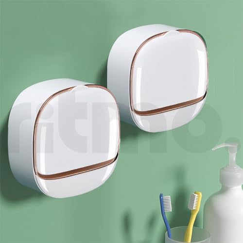 Image of Ritmo Soap Dish Space Saving Waterproof Drainable Wall Mounted Soap Box for Shower Waterproof Soap Dish with Drain Box, Wall Mounted Drain Soap Box, with Waterproof Flip Lid (White)
