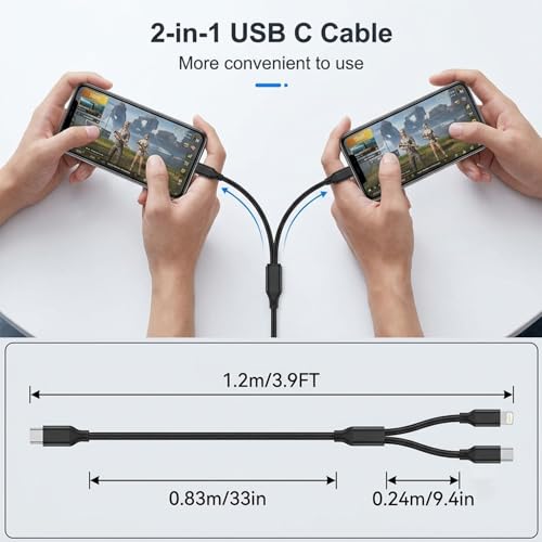 Image of Verilux 2 in 1 Type C to C & Lighting Charging Cable 1.2M, PD 100W C Type & 27W Lighting Cable with 480Mbps Data Transfer, Nylon Braided for iPhone, Galaxy, Laptops, iPad, Black