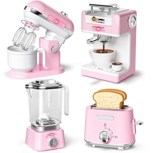 BAKAJI Set 4 Elettrodomestici da Cucina Giocattolo per Bambini, Planetaria, Macchina del Caffè, Tostapane e Frullatore, Luci e Suoni Realistici, Mixer, Impastatrice, Coffee Maker, Idea Regalo (Rosa)