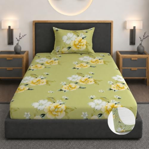 Image of Vaini Premium Heavy Cotton Elastic Fitted Bedsheets with 1 King Size Pillow Covers || Single Bed with All Around Elastic 350 TC || 36 x 78 x 6 Inch Single Size Fitted || :- Light Green Flower