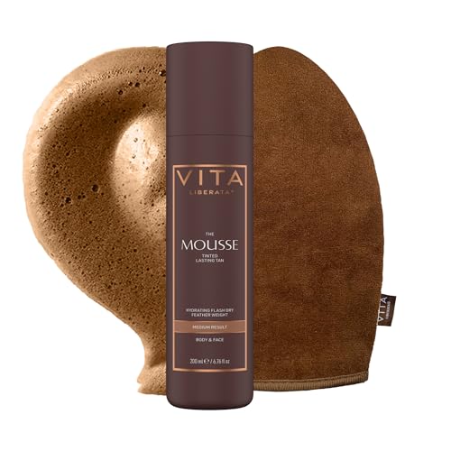 VITA LIBERATA Tinted Tanning Mousse Medium 200ml & Mitt Bundle Fast Drying Formula Tinted for even & streak-free application Natural & Organic Ingredients Tanning Mitt for Flawless Application
