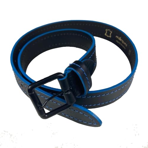 Cinturón Márquez de piel con pespunte para hombre (Negro y Azul, 90)